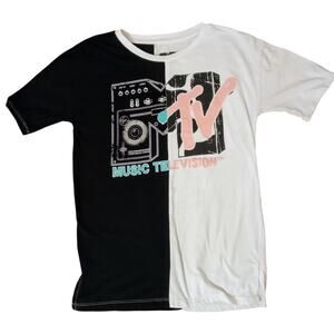 MTV Yin Yang Split Logo Graphic Tee Shirt Boombox Hollister Black White SZ XS